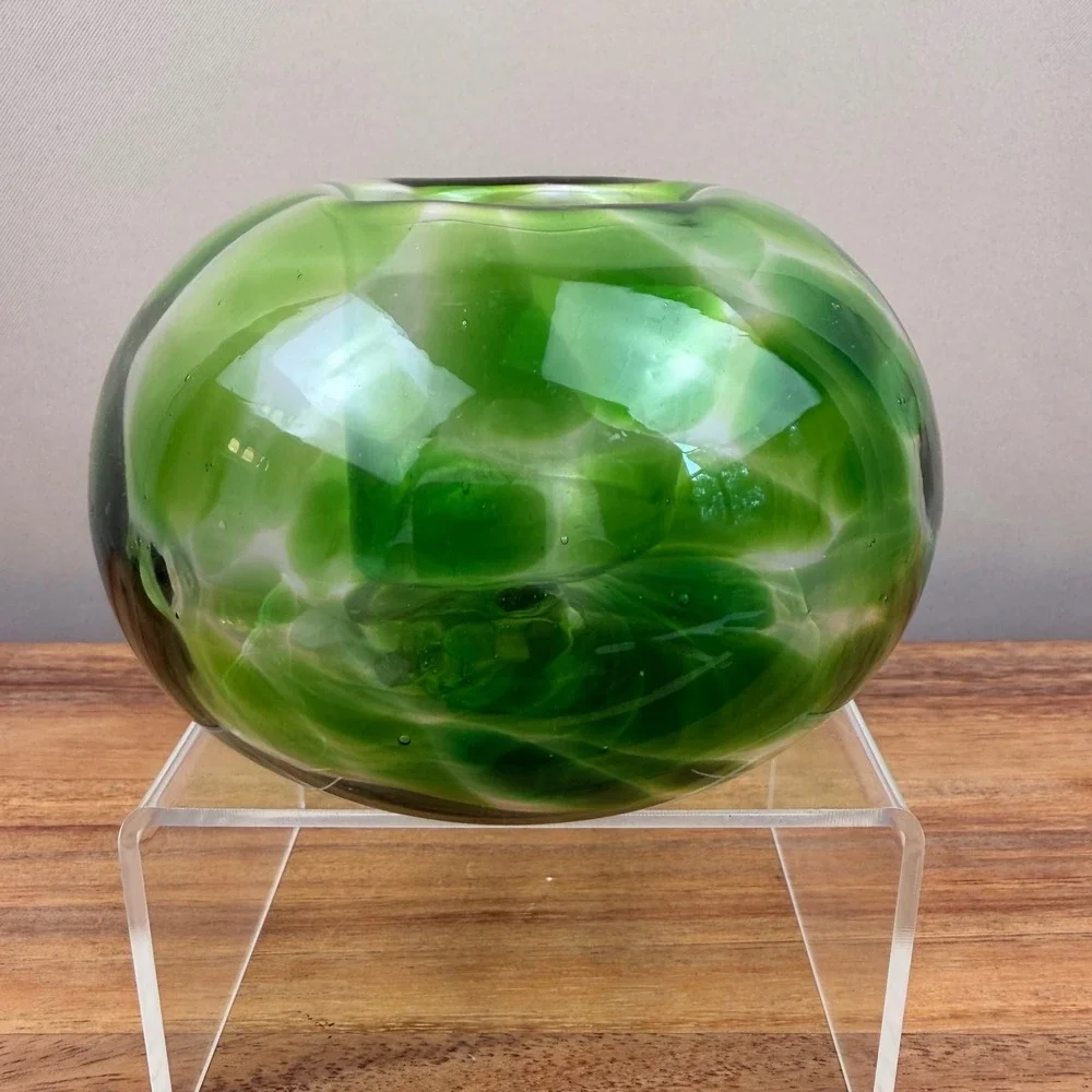 Handblown Green Swirl Glass Candle Votive Spherical Tea Light Holder 3 Inch